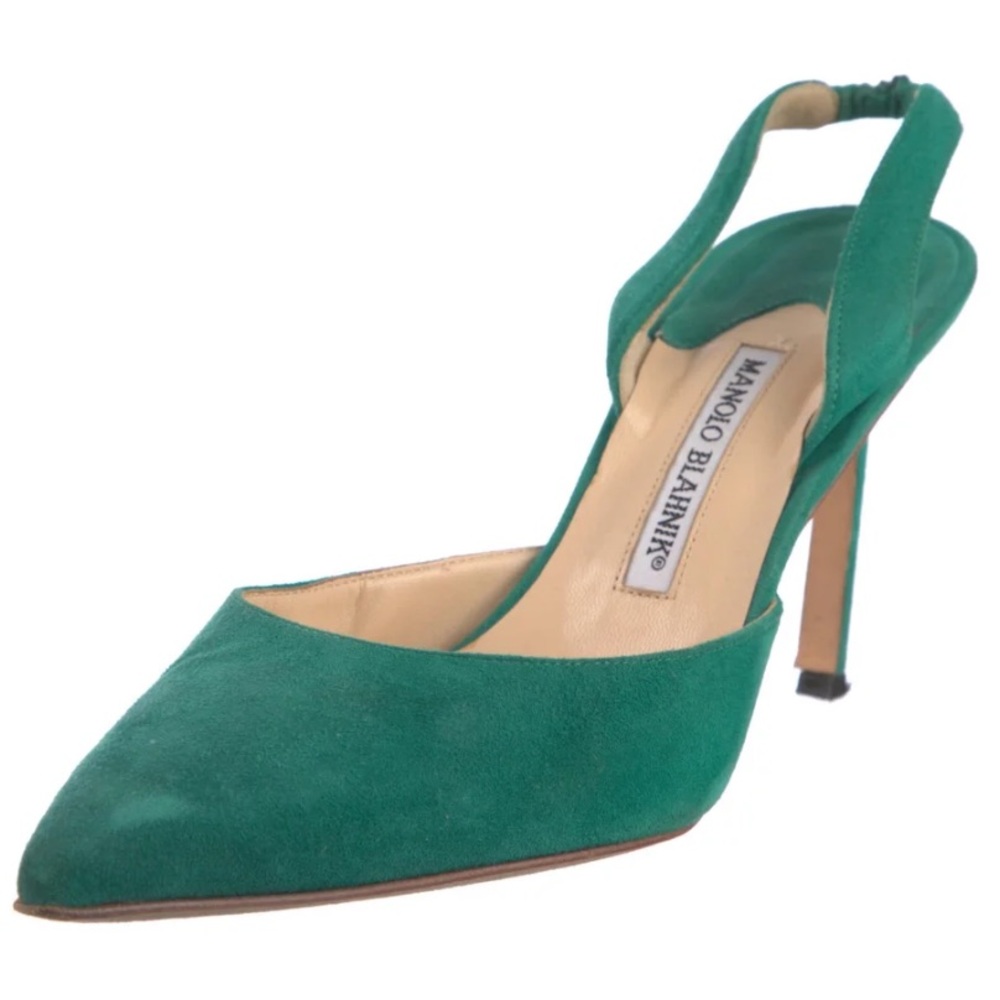 Manolo Blahnik Carolyne 50MM Suede Slingback Green Pointed Heels sz39